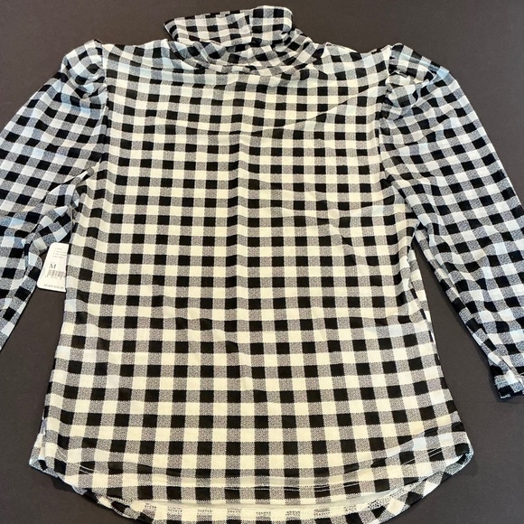 Free People Gather Turtleneck Top Black Combo Gingham Mesh Puff Sleeve M NWT - Picture 5 of 14